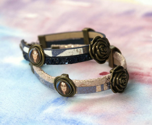 Bracelet lanière médaillon et rose métal